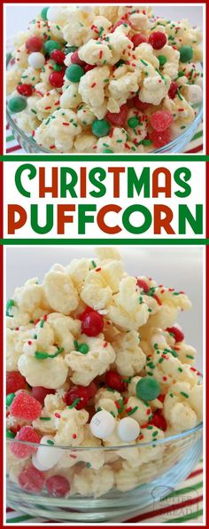 christmas popcorn salad in a glass bowl with candy and sprinkles on top