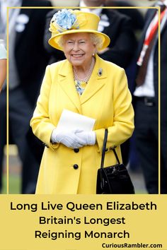 the queen is wearing a bright yellow coat and matching hat with her black handbag