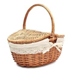 a wicker basket with white lace on it