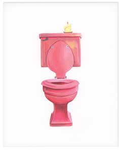 a drawing of a pink toilet with a candle on the tank and an open lid