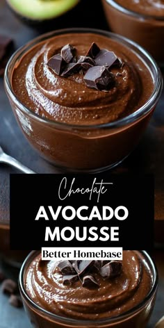 chocolate avocado mousse in glass bowls with text overlay