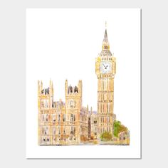 the big ben clock tower towering over the city of london, england in watercolor