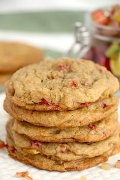 a stack of cookies sitting on top of a white plate