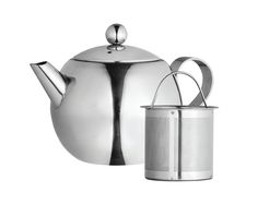 a stainless steel tea pot with a strainer next to it on a white background