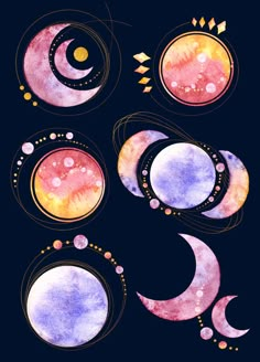 three phases of the moon in watercolor and ink on black paper, each with different colors