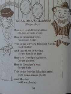 an open book with pictures of people in old fashioned clothing and text that reads grandma's glasses