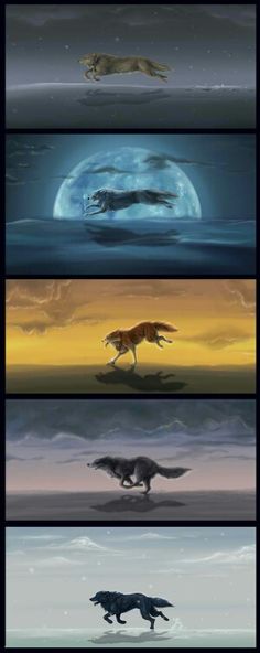 four different types of animals running in the water with an ocean and moon behind them