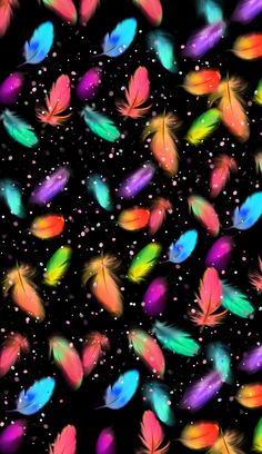 many colorful feathers are flying through the dark night sky with stars and bubbles on them