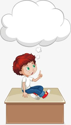 a boy sitting at the table with an empty thought bubble above his head on a white background