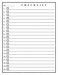 the printable check list is shown in black and white, with lines on it