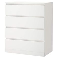 a white dresser with three drawers on the bottom and one drawer in the middle, against a white background