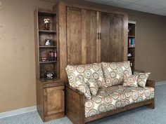 a living room with a couch and bookcase