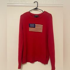 Knit American Flag Sweater Ralph Lauren Red Size Xl, Fits Like A M/L. Not Oversized Perfect Condition Ralph Lauren Sweater Flag, Polo American Flag Sweater, Ralph Lauren Sweater American Flag, Ralph Lauren Usa Flag Sweater, Ralph Lauren Red Crew Neck Top, American Flag Sweater, Vintage Flag, Ralph Lauren Sweater, Iconic Women