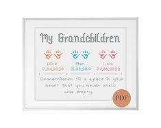 a cross stitch pattern with the words, my grandchilden and two paw prints