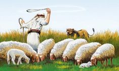 a painting of a shepherd and his flock of sheep in the grass with a dog looking on