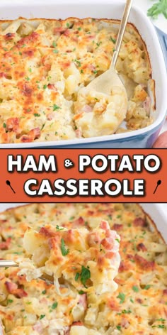 ham and potato casserole in a white baking dish