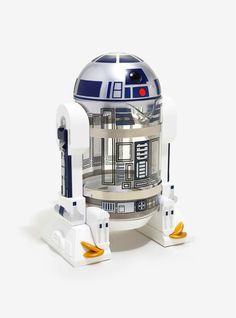 a star wars droid toy is shown in front of a white background with blue trim