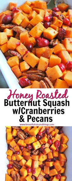 honey roasted butternut squash with cranberries and pecans in a white dish