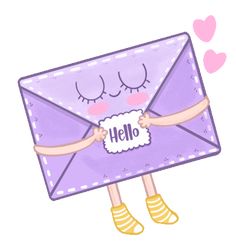 an envelope with the word hello written on it is held by two legs and has eyes closed