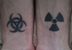 two people with matching tattoos on their feet, one has a biohazard symbol