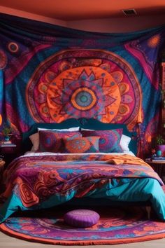 a bed with a colorful bedspread and pillows