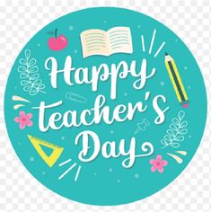 a happy teacher's day badge with an apple and pencils on it,