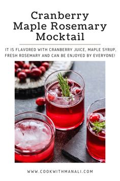 cranberry maple rosemary cocktail is served in glasses with ice and garnish