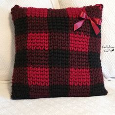 a red and black plaid pillow with a bow on the front that says crochet pattern perfect plaid pillow