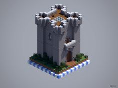 an image of a small castle made out of lego blocks on a gray background with blue and white checkered flooring