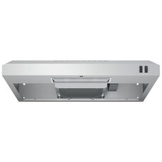 a stainless steel range hood is shown on a white background with the light reflecting off it's side