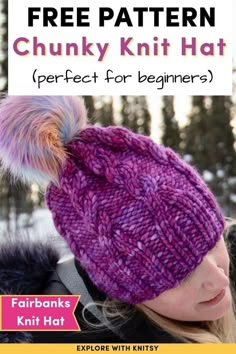 a woman wearing a knitted hat with text overlay that reads free pattern chunk knit hat perfect for beginners