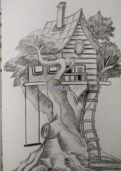 a pencil drawing of a tree house and ladder