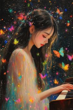 a painting of a girl playing the piano with butterflies flying around her and in the background