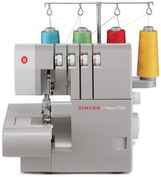 the singer heavy duty sewing machine has three different colored spools hanging from it's sides