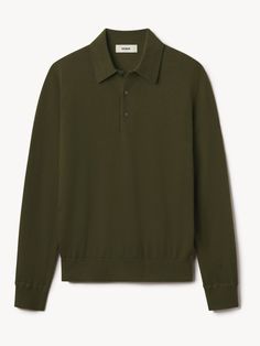 A classic collared sweater in a light and lofty superfine cashmere you can wear all year round. | Buck Mason Men's California Cashmere L/S Polo Sweater in Field Olive, Size Medium Fall Tee Shirts, Cashmere Polo, Buck Mason, Collared Sweater, Stylish Hoodies, Concept Clothing, Stylish Mens Outfits, Polo Sweater, Raw Denim