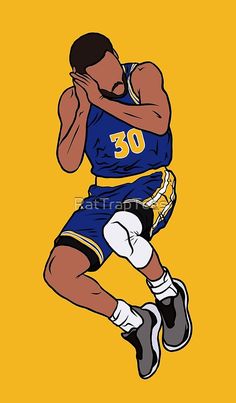 a painting of a basketball player in the air with his hands to his face and one hand on his head