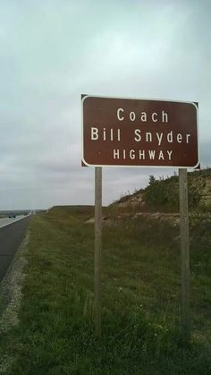 a brown sign sitting on the side of a road next to a lush green field