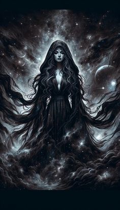 a woman with long hair standing in the middle of a night sky filled with stars