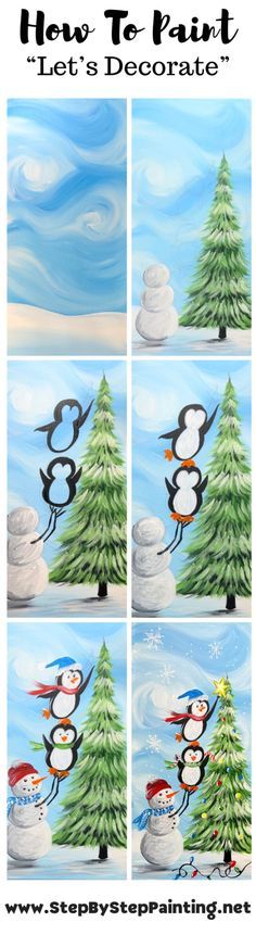 Christmas Window Painting, Christmas Painting, Acrylic Painting Tutorials, Christmas Window, Window Painting, Christmas Paintings, Painting Tutorial, Penguins, Climbing