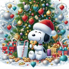 a snoopy christmas tree with presents under it and a dog holding a candy cane