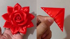 two pictures showing how to make an origami flower out of red paper and thread