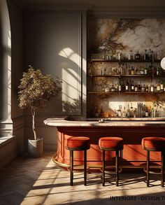 a bar with stools and bottles on the shelves in front of it, next to a potted plant