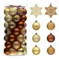 assorted christmas balls and ornaments in a clear container with snowflakes on the side