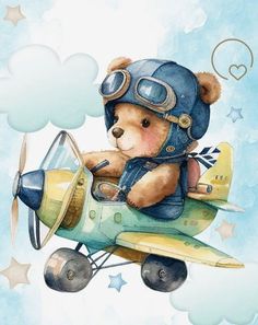 a teddy bear is sitting on top of an airplane and wearing a pilot's hat