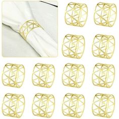 twelve pairs of gold metal bracelets on white background