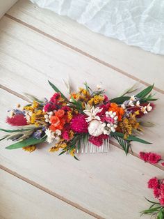 Elevate your bridal look with this stunning and unique Colorful hair comb in beautiful shades of burgundy, orange, and yellow. This Wedding hair comb is perfect for adding a pop of color to your hairstyle on your special day.  Handcrafted with care, this Bridal hair comb features a mix of dried and fresh flowers for a one-of-a-kind look. Whether you're a bride or a flower girl, this Mixed flower girl comb is sure to make a statement and add a touch of whimsy to any hairstyle. Make a bold and bea Dried Flower Hair Comb, Hair Comb Bridal, Flower Comb, Shades Of Burgundy, Wedding Hair Comb, Flower Hair Comb, Colorful Hair, Wedding Hair Pins, Yellow Wedding