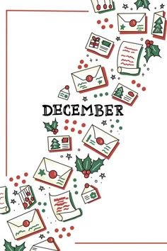 a christmas card with the words december surrounded by holly and letters that spell out holiday messages