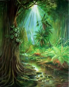 a painting of a jungle scene with sunlight coming through the trees and water running down it