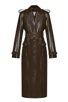 Eco leather structured fitted trench coat. Decor stitching all around. Detachable belts on the waist and sleeves. Shoulder belts. Functional pockets. Slitted back. Lined. Color: brown. Shell: 100% Polyester with PU coating Lining: 100% Polyester Made in Georgia Fitted Trench Coat, Vinyl Trench Coat, Victorian Coat, Euphoria Fashion, Brown Trench Coat, Brown Leather Coat, Style Moodboard, Long Leather Coat, Fall Inspiration