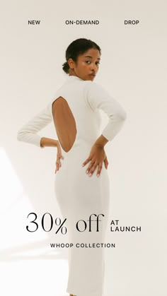 a woman in a white dress with the words 30 % off at lunch whoop collection